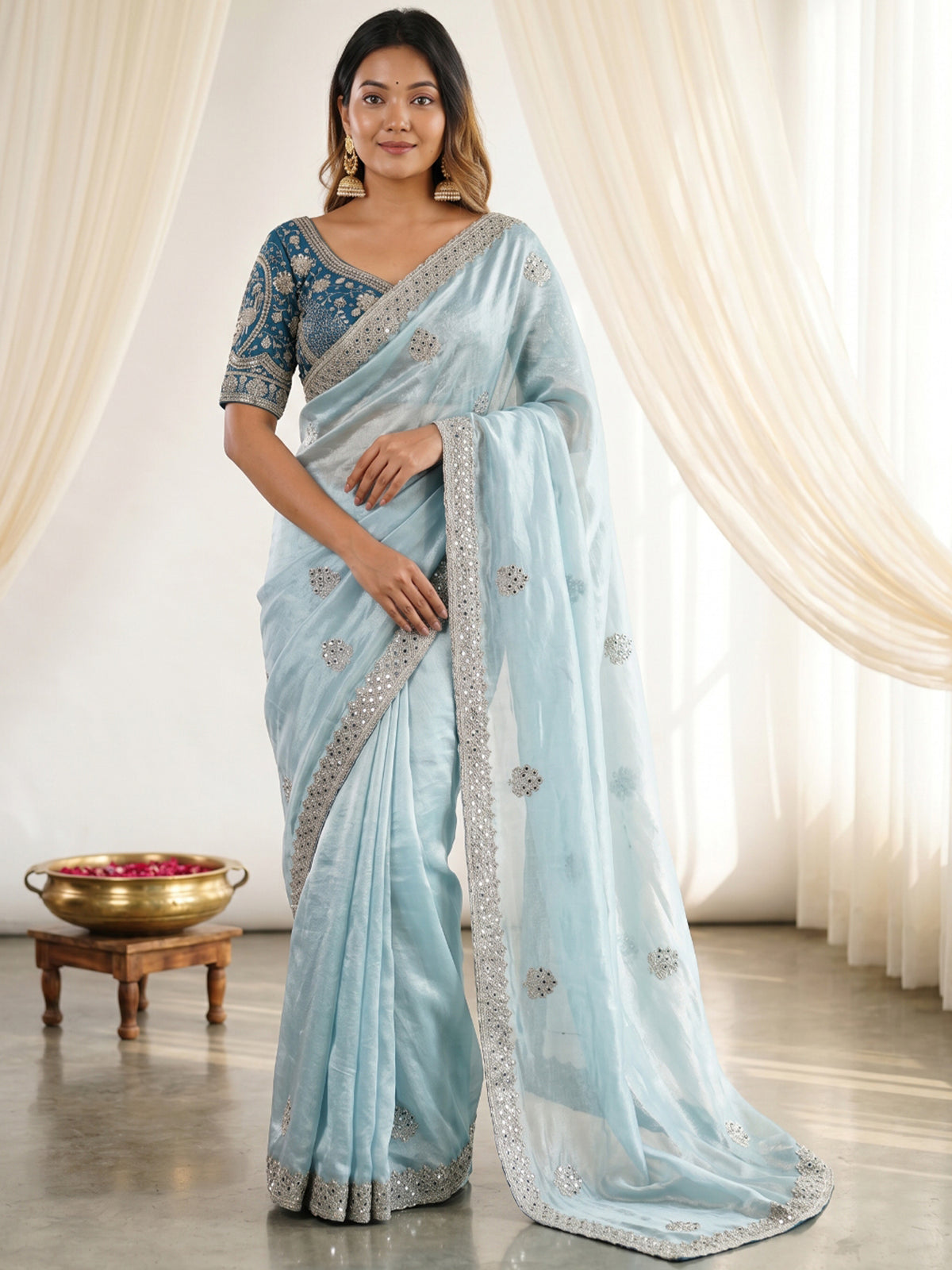 Women's Fendy Satin Saree With Stitched Blouse Piece