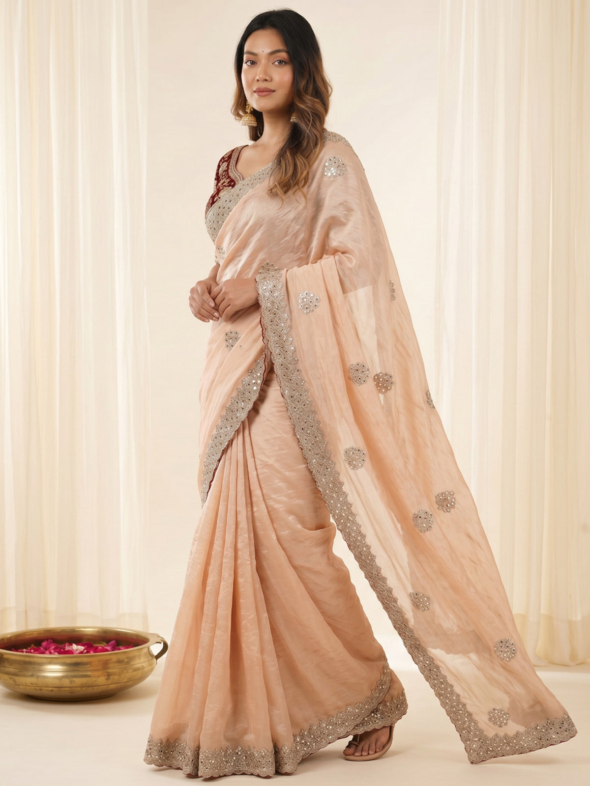 Women's Fendy Satin Saree With Stitched Blouse Piece