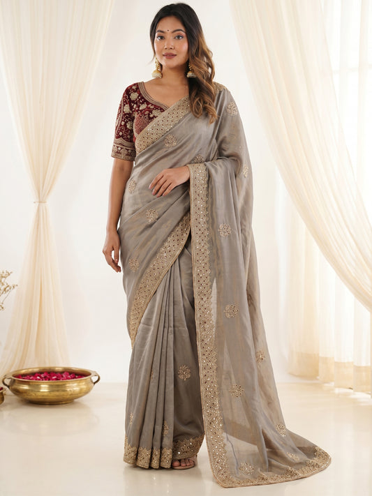 Women's Fendy Satin Saree With Stitched Blouse Piece