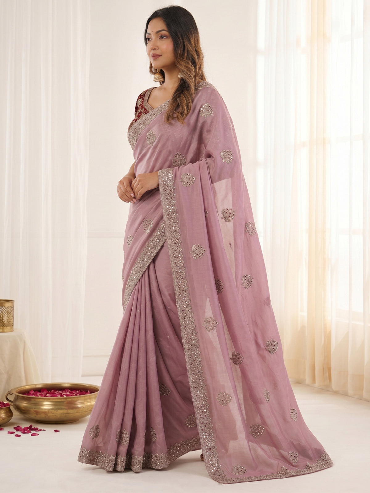 Women's Fendy Satin Saree With Stitched Blouse Piece