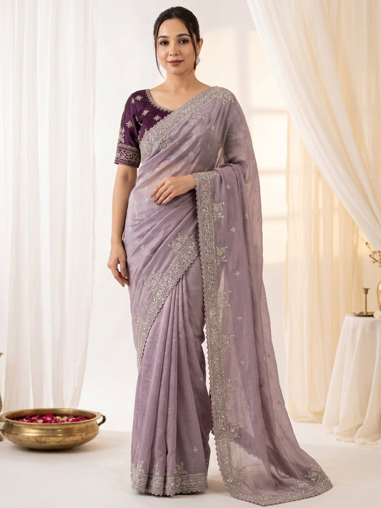 Women's Fendy Satin Saree With Stitched Blouse Piece