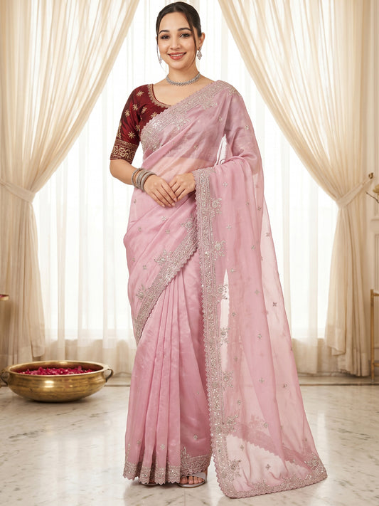 Women's Fendy Satin Saree With Stitched Blouse Piece