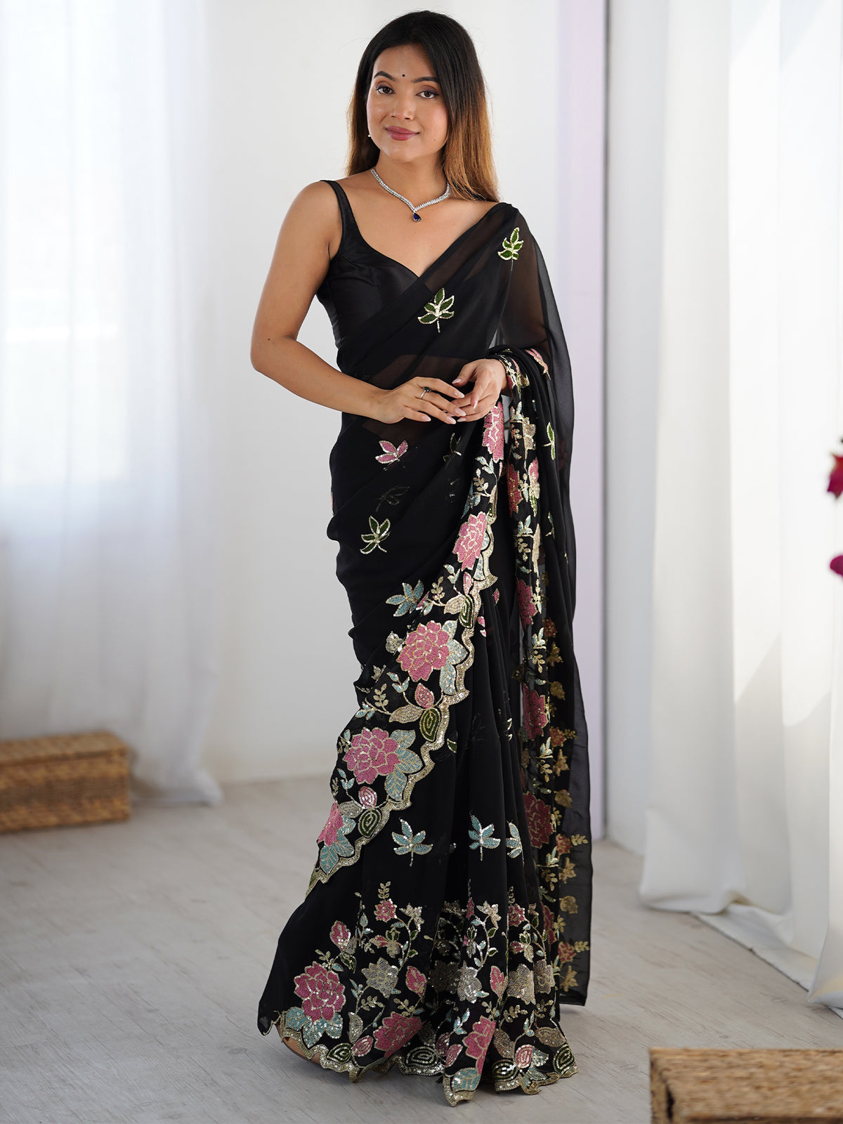 Women's Georgette Sequence Work Saree With Unstitched Blouse Piece