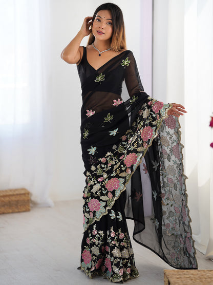 Women's Georgette Sequence Work Saree With Unstitched Blouse Piece