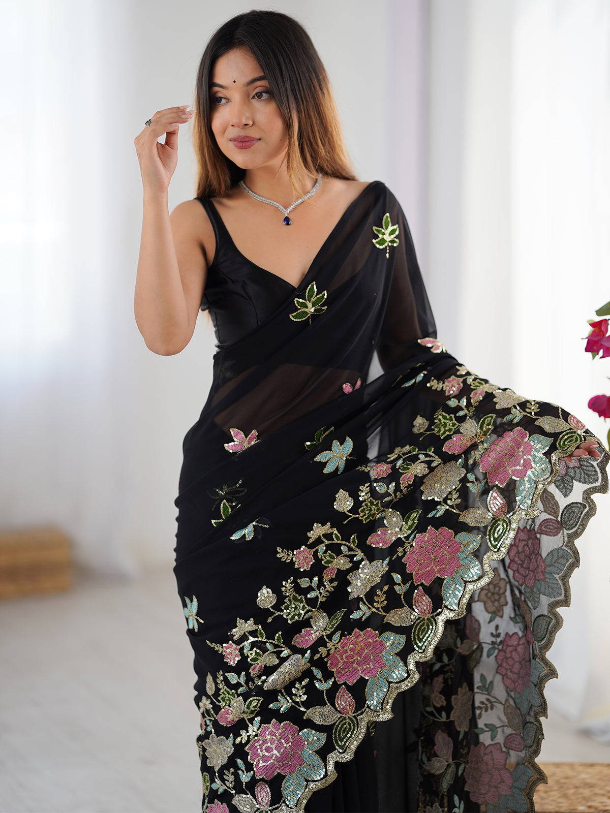 Women's Georgette Sequence Work Saree With Unstitched Blouse Piece