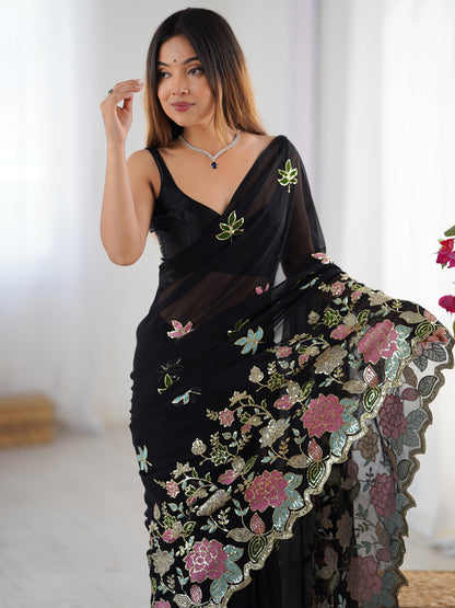 Women's Georgette Sequence Work Saree With Unstitched Blouse Piece