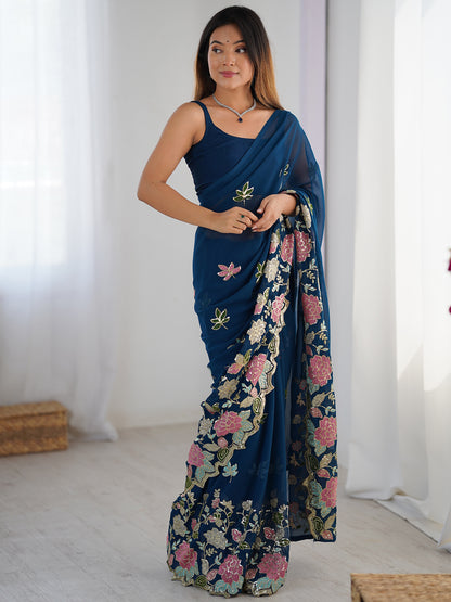Women's Georgette Sequence Work Saree With Unstitched Blouse Piece
