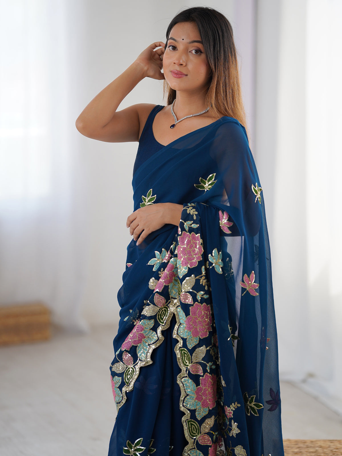 Women's Georgette Sequence Work Saree With Unstitched Blouse Piece
