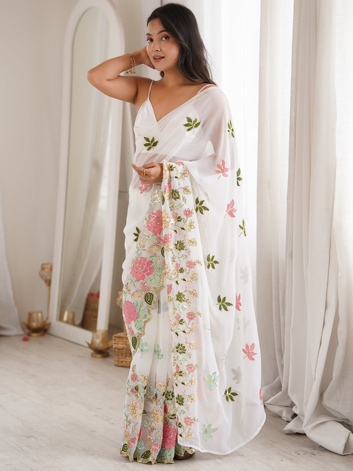 Women's Georgette Sequence Work Saree With Unstitched Blouse Piece