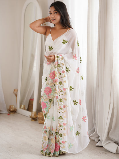 Women's Georgette Sequence Work Saree With Unstitched Blouse Piece