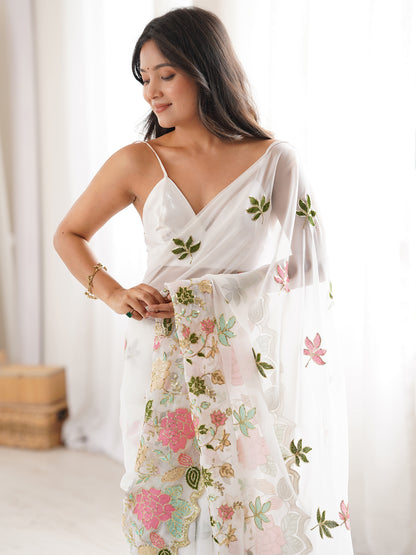 Women's Georgette Sequence Work Saree With Unstitched Blouse Piece