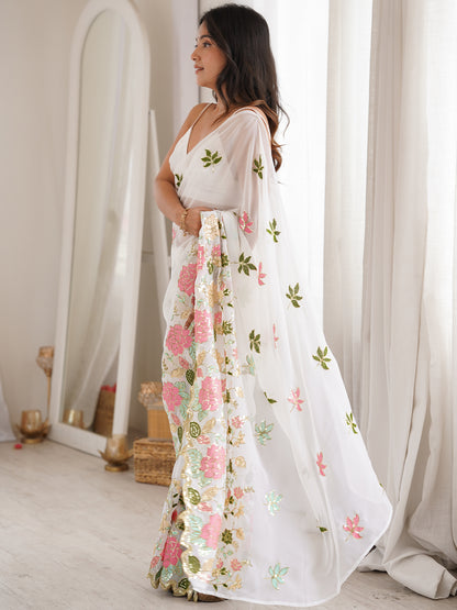 Women's Georgette Sequence Work Saree With Unstitched Blouse Piece