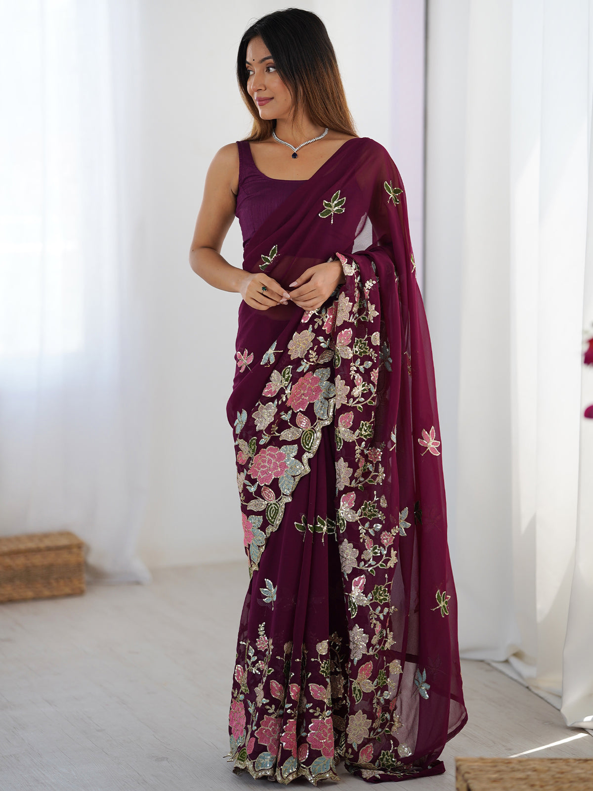 Women's Georgette Sequence Work Saree With Unstitched Blouse Piece