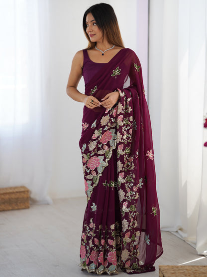 Women's Georgette Sequence Work Saree With Unstitched Blouse Piece