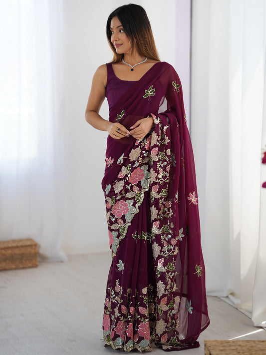 Women's Georgette Sequence Work Saree With Unstitched Blouse Piece