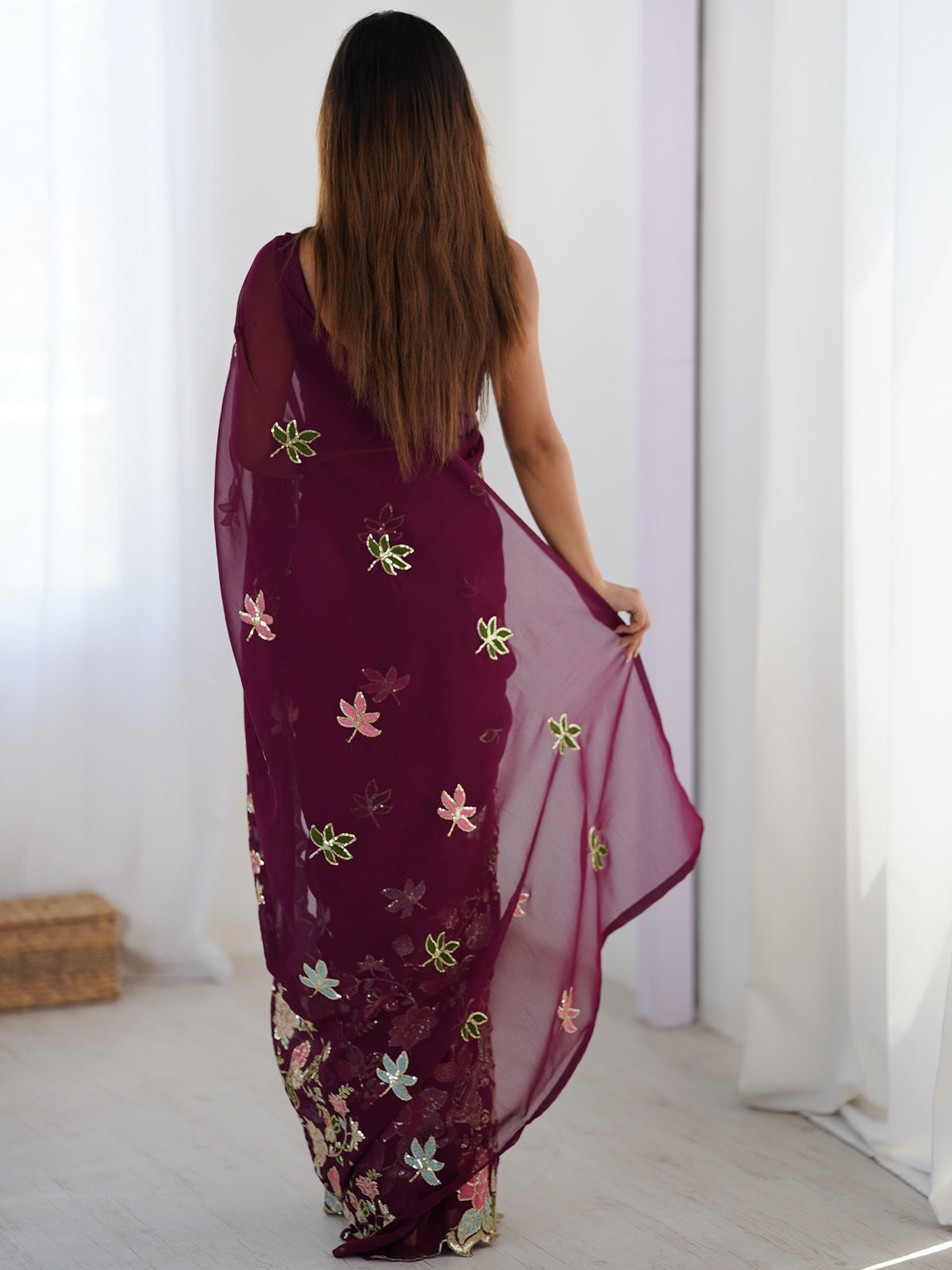Women's Georgette Sequence Work Saree With Unstitched Blouse Piece