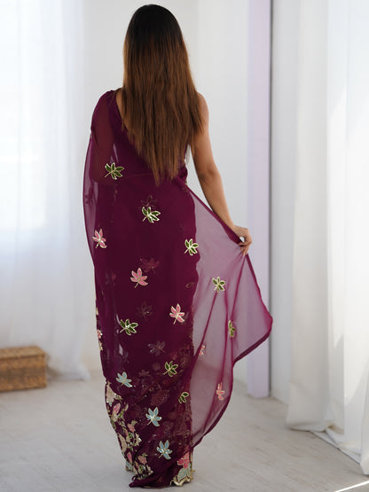 Women's Georgette Sequence Work Saree With Unstitched Blouse Piece