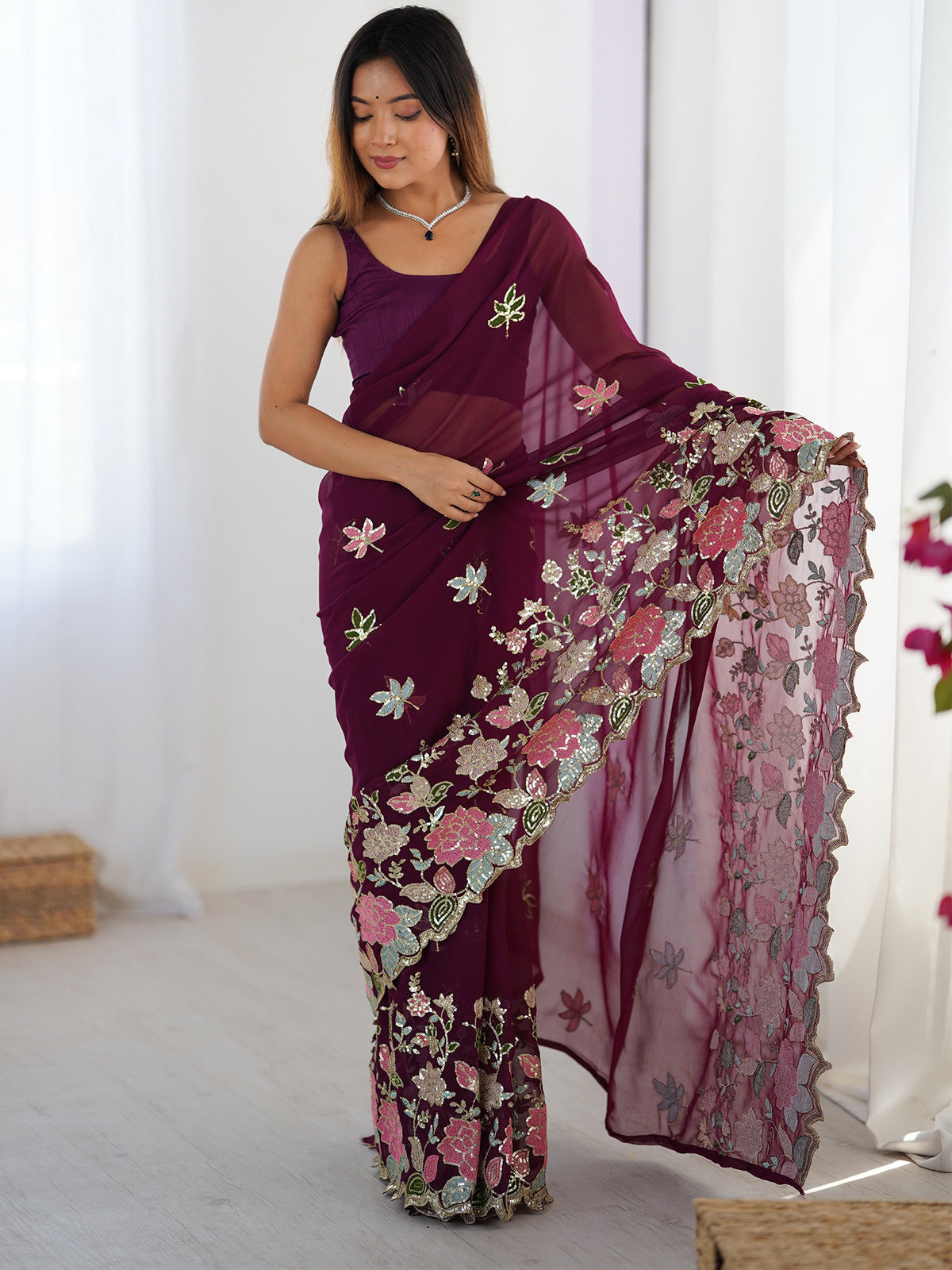 Women's Georgette Sequence Work Saree With Unstitched Blouse Piece