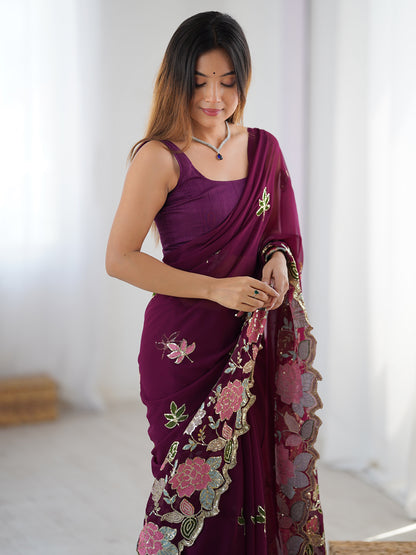 Women's Georgette Sequence Work Saree With Unstitched Blouse Piece