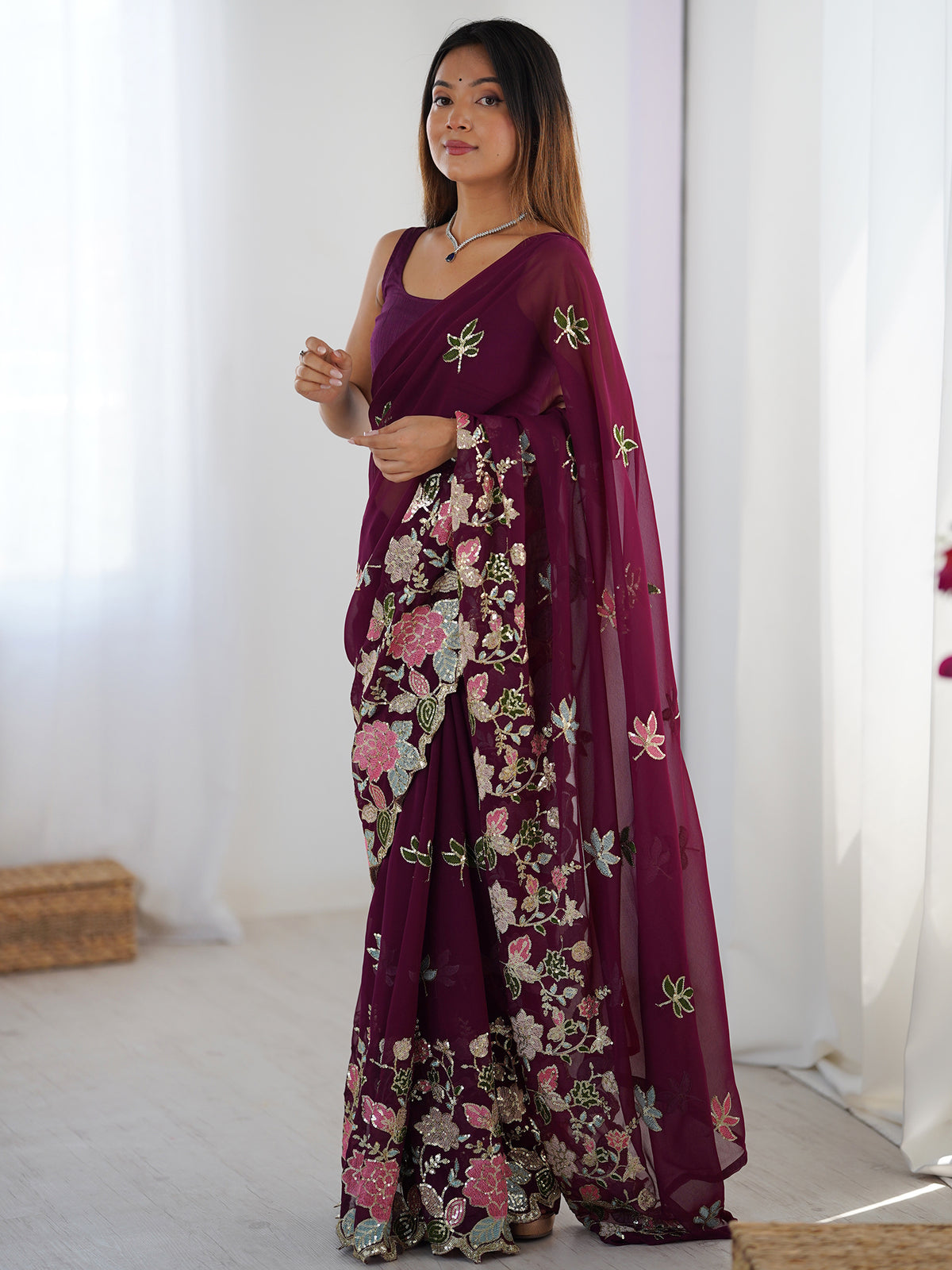 Women's Georgette Sequence Work Saree With Unstitched Blouse Piece