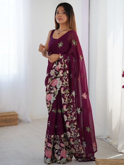 Women's Georgette Sequence Work Saree With Unstitched Blouse Piece