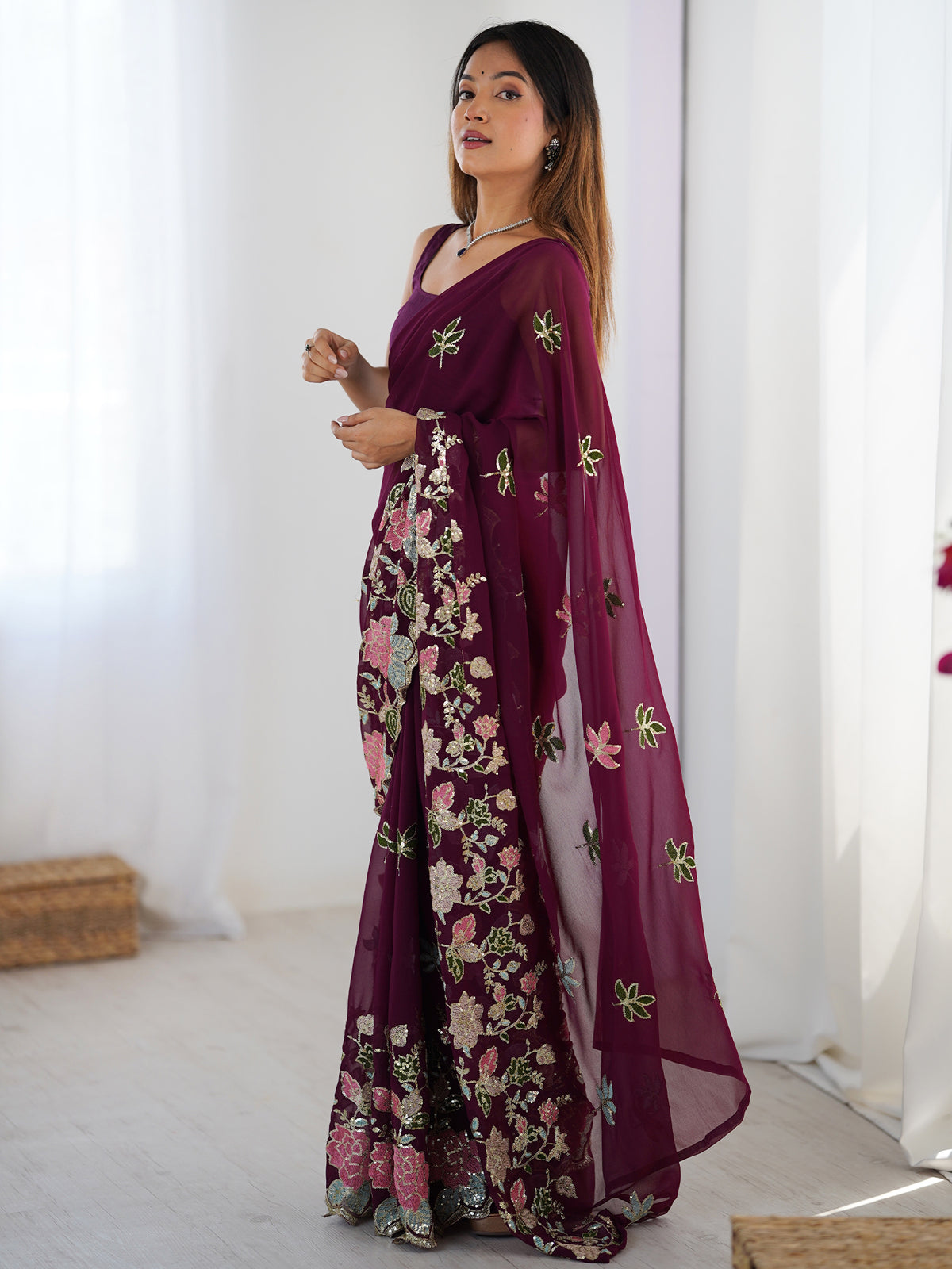 Women's Georgette Sequence Work Saree With Unstitched Blouse Piece