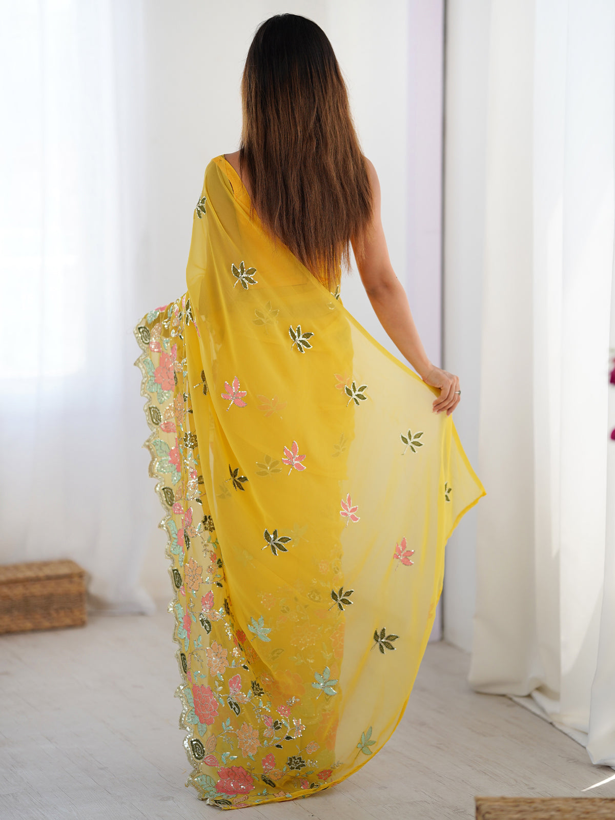 Women's Georgette Sequence Work Saree With Unstitched Blouse Piece
