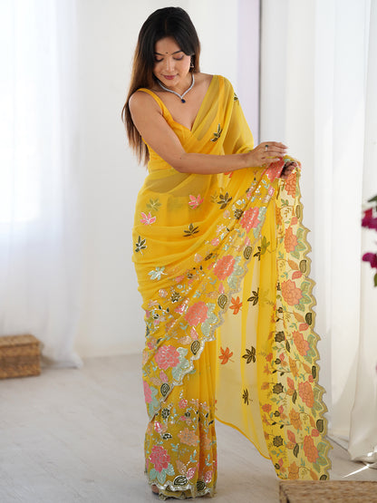 Women's Georgette Sequence Work Saree With Unstitched Blouse Piece