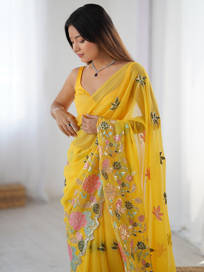 Women's Georgette Sequence Work Saree With Unstitched Blouse Piece
