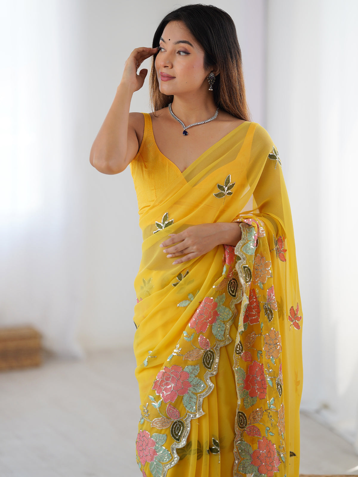 Women's Georgette Sequence Work Saree With Unstitched Blouse Piece