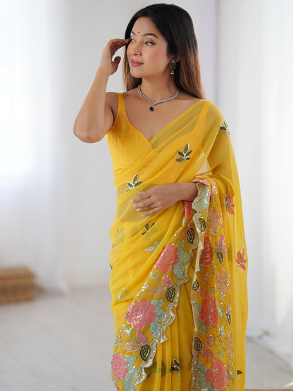Women's Georgette Sequence Work Saree With Unstitched Blouse Piece