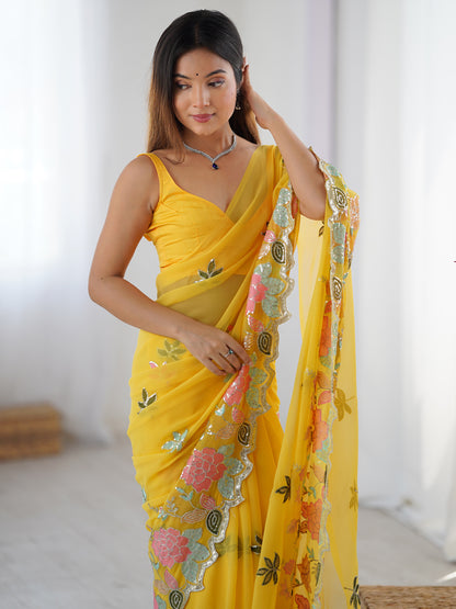 Women's Georgette Sequence Work Saree With Unstitched Blouse Piece