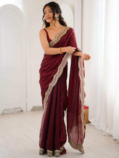 Women's Fendy Satin Saree With Unstitched Blouse Piece