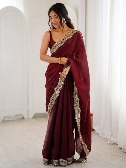Women's Fendy Satin Saree With Unstitched Blouse Piece