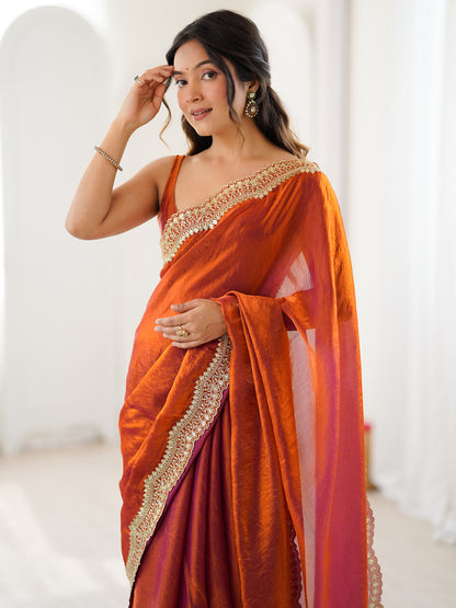 Women's Fendy Satin Saree With Unstitched Blouse Piece