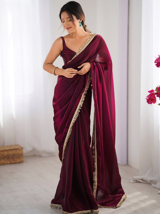 Women's Fendy Satin Saree With Unstitched Blouse Piece
