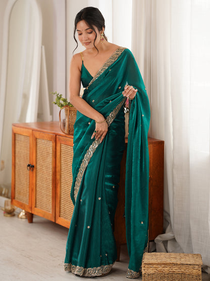 Women's Fendy Satin Saree With Unstitched Blouse Piece