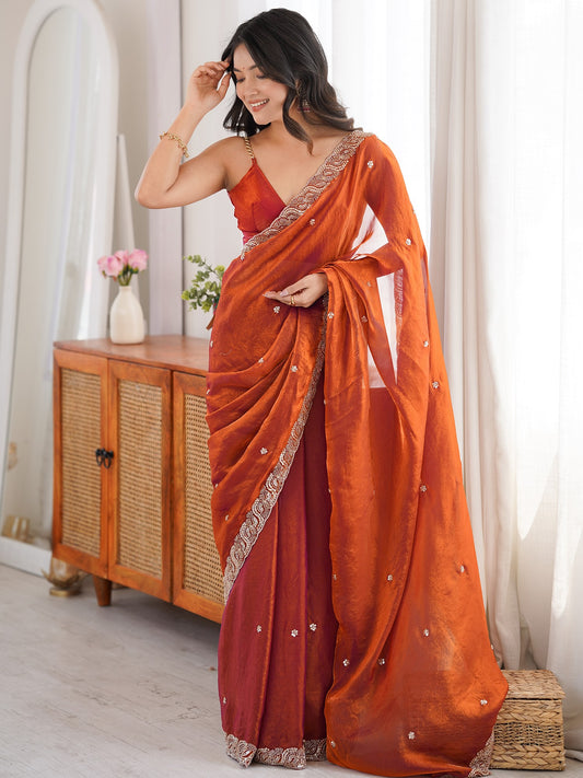 Women's Fendy Satin Saree With Unstitched Blouse Piece