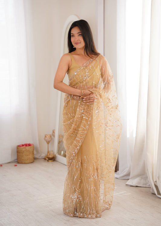 Women's Net Party Wear Saree With Unstitched Blouse Piece