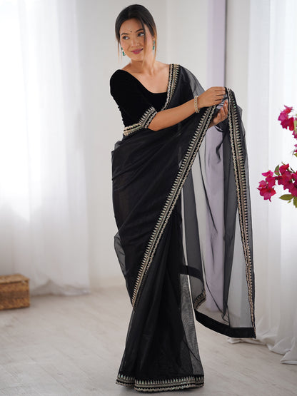 Women's Net Saree With Unstitched Blouse Piece