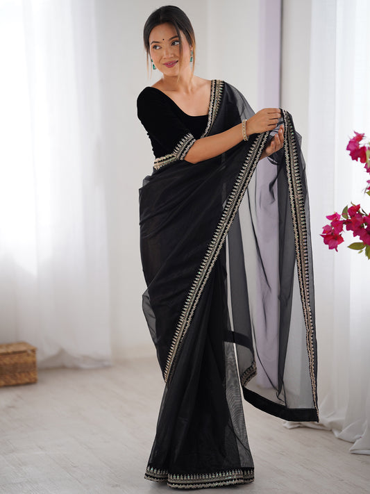 Women's Net Saree With Unstitched Blouse Piece