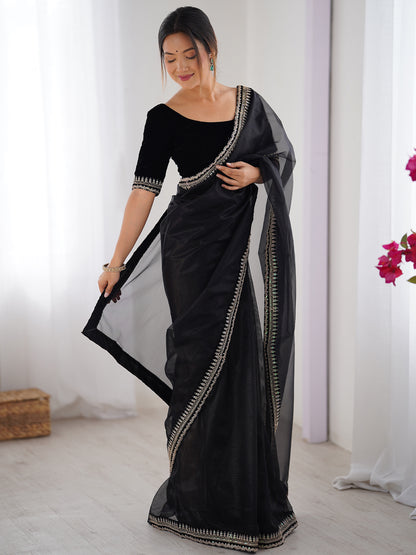Women's Net Saree With Unstitched Blouse Piece