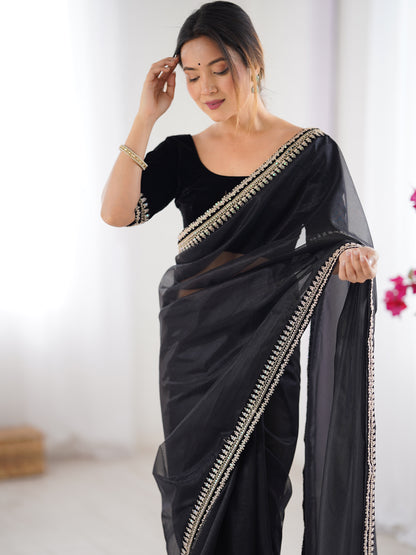Women's Net Saree With Unstitched Blouse Piece