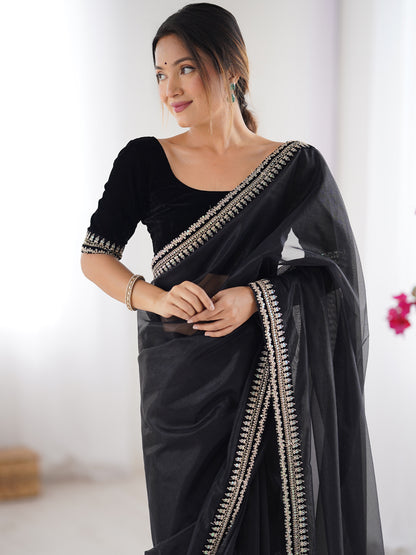 Women's Net Saree With Unstitched Blouse Piece