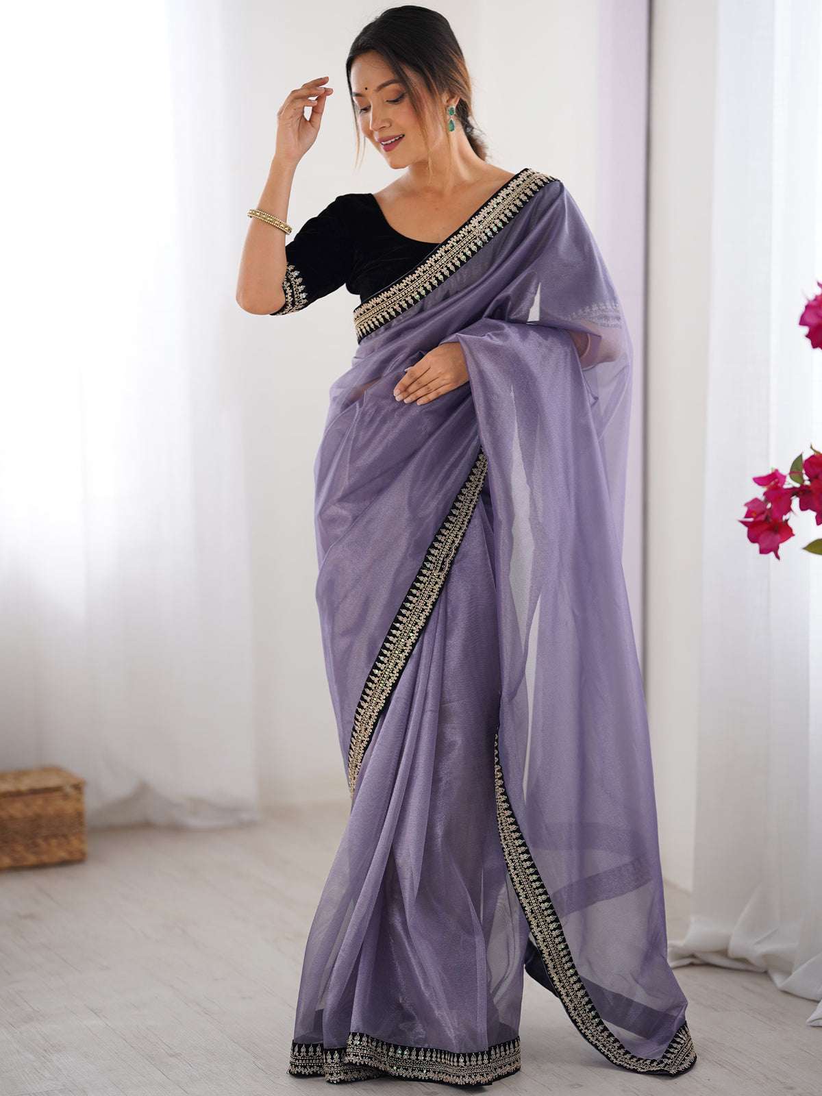 Women's Net Saree With Unstitched Blouse Piece