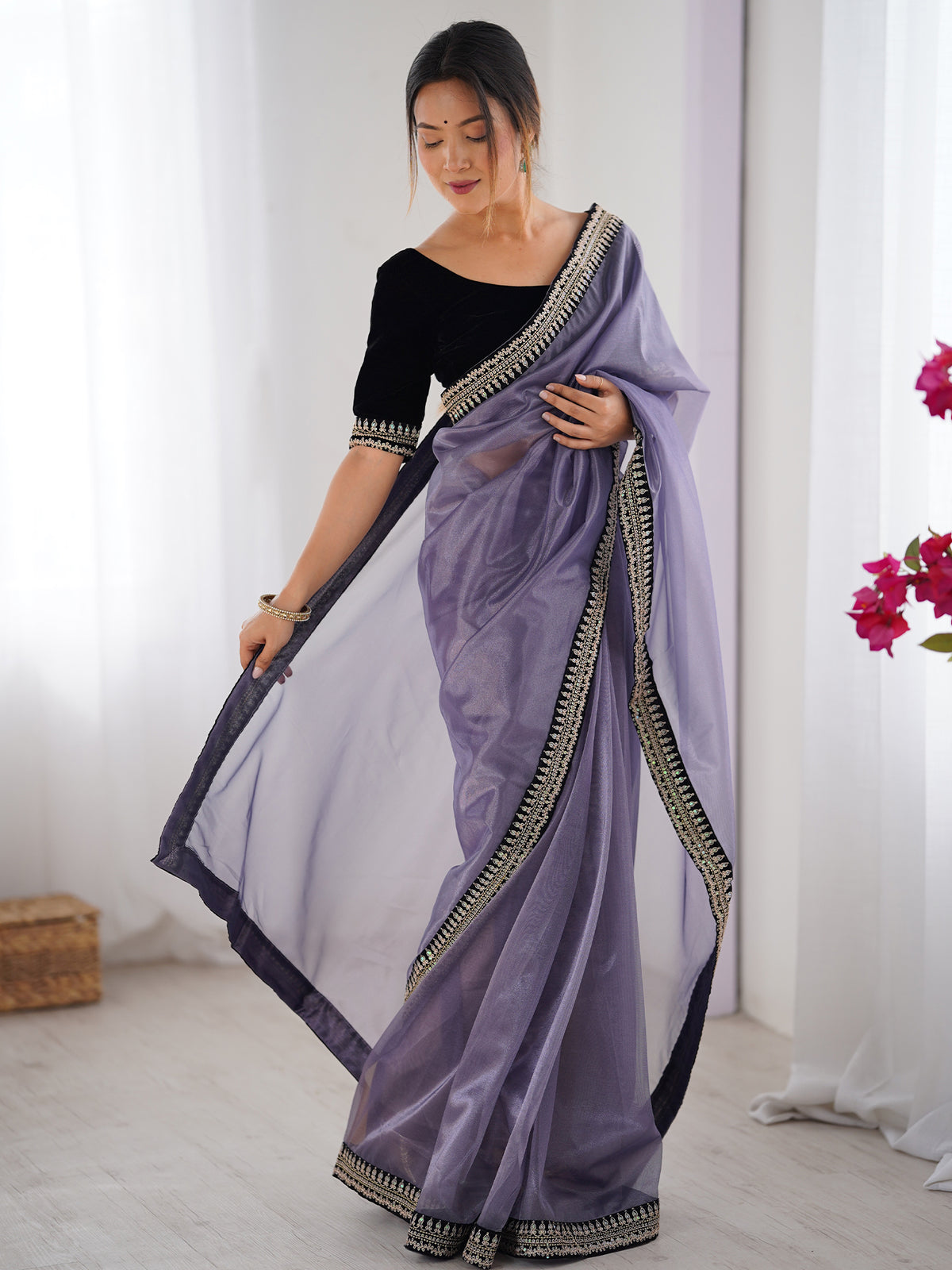 Women's Net Saree With Unstitched Blouse Piece