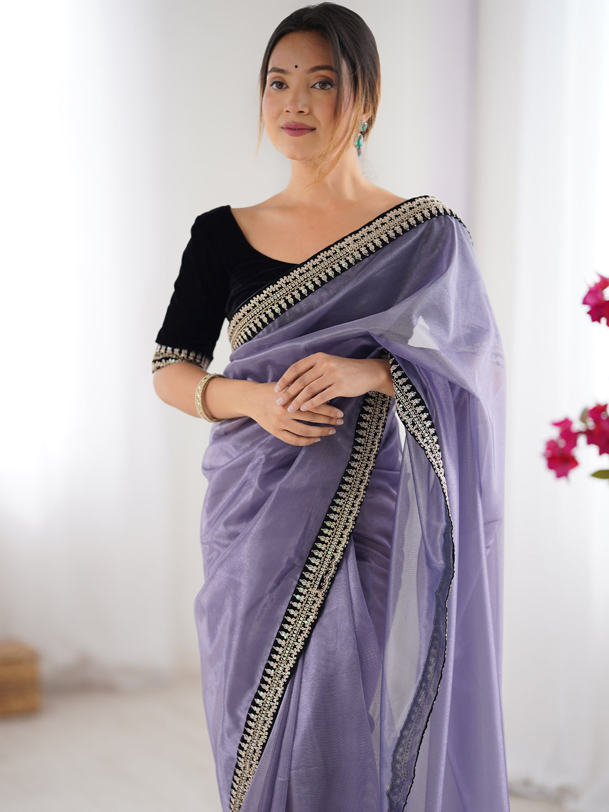 Women's Net Saree With Unstitched Blouse Piece