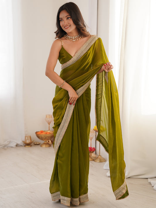 Women's Fendy Satin Saree With Unstitched Blouse Piece
