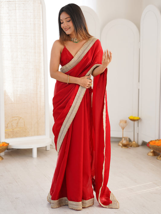 Women's Fendy Satin Saree With Unstitched Blouse Piece