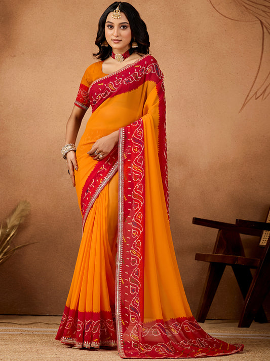 Women's Georgette Bandhani Saree With Unstitched Blouse Piece
